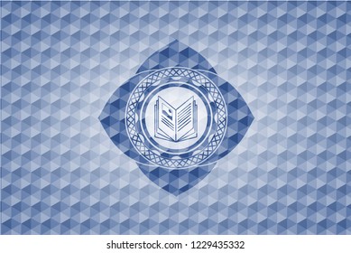 book icon inside blue hexagon badge.