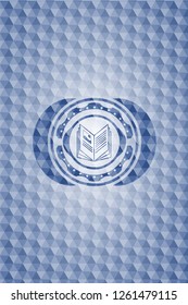 book icon inside blue hexagon emblem.
