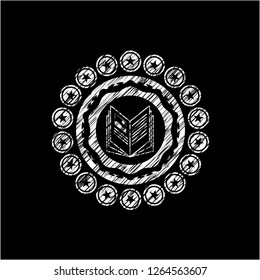 book icon inside chalkboard emblem written on a blackboard