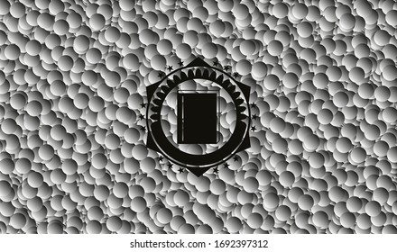 book icon inside dark badge with grey bubbles background. Vector Illustration. Detailed.
