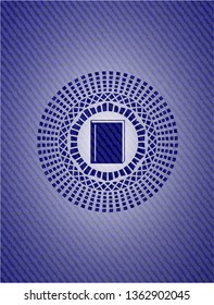 book icon inside emblem with jean background