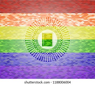 book icon inside emblem on mosaic background with the colors of the LGBT flag