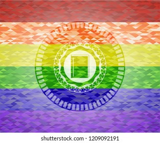 book icon inside emblem on mosaic background with the colors of the LGBT flag