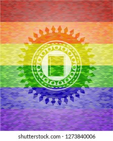 book icon inside emblem on mosaic background with the colors of the LGBT flag