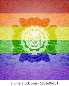 book icon inside emblem on mosaic background with the colors of the LGBT flag