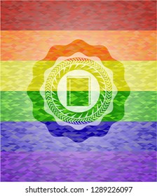 book icon inside emblem on mosaic background with the colors of the LGBT flag