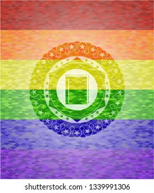 book icon inside emblem on mosaic background with the colors of the LGBT flag
