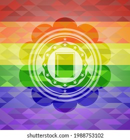 book icon inside emblem on mosaic background with the colors of the LGBT flag. 