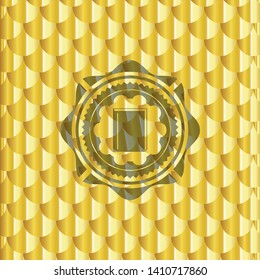 book icon inside gold emblem or badge. Scales pattern. Vector Illustration. Detailed.