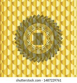 book icon inside gold emblem. Scales pattern. Vector Illustration. Detailed.