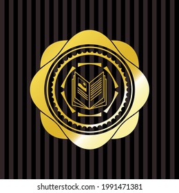 book icon inside gold emblem. 