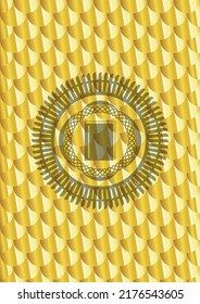 icono del libro dentro del emblema del oro. Patrón de escalas. Ilustración vectorial. Detallado. 