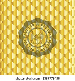 book icon inside gold shiny badge. Scales pattern. Vector Illustration. Detailed.