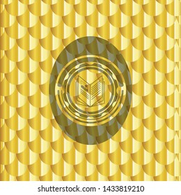 book icon inside golden badge or emblem. Scales pattern. Vector Illustration. Detailed.