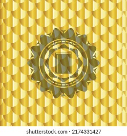 book icon inside golden badge or emblem. Scales pattern. Vector Illustration. Detailed. 