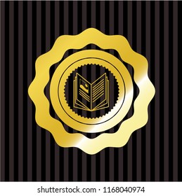 book icon inside golden emblem or badge