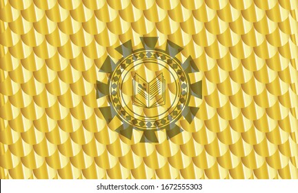 icono del libro dentro del emblema dorado. Patrón de escalas. Ilustración vectorial. Detallado.