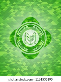 book icon inside green emblem with mosaic ecological style background