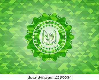 book icon inside green emblem with triangle mosaic background