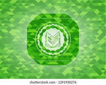 book icon inside green emblem with mosaic background