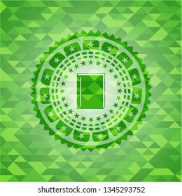 book icon inside green emblem with triangle mosaic background