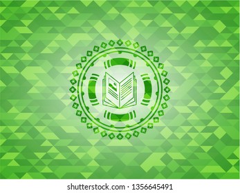 book icon inside green emblem with mosaic background