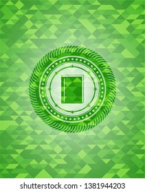 book icon inside green emblem with mosaic ecological style background