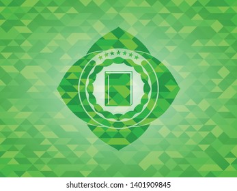 book icon inside green emblem with mosaic background