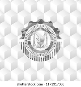 book icon inside grey badge with geometric cube white background