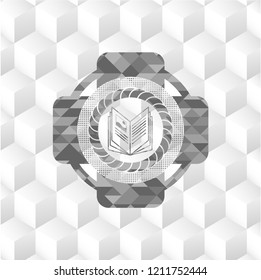 book icon inside grey badge with geometric cube white background