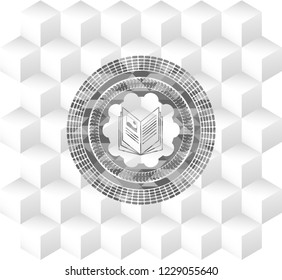 book icon inside grey badge with geometric cube white background
