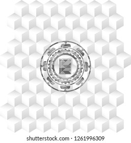 book icon inside grey badge with geometric cube white background