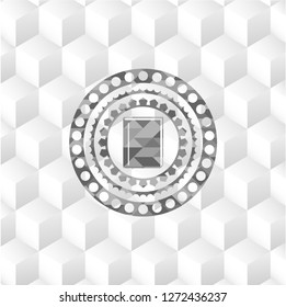 book icon inside grey badge with geometric cube white background