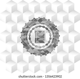 book icon inside grey badge with geometric cube white background
