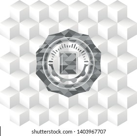 book icon inside grey badge with geometric cube white background