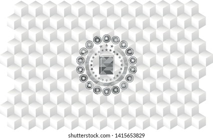 book icon inside grey badge with geometric cube white background