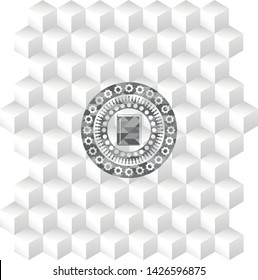book icon inside grey badge with geometric cube white background