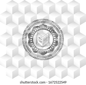 book icon inside grey badge with geometric cube white background