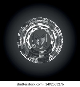 book icon inside grey camouflaged emblem