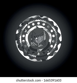 book icon inside grey camouflaged emblem
