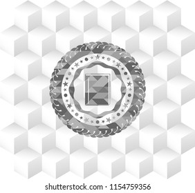 book icon inside grey emblem with cube white background