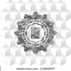 book icon inside grey emblem with geometric cube white background