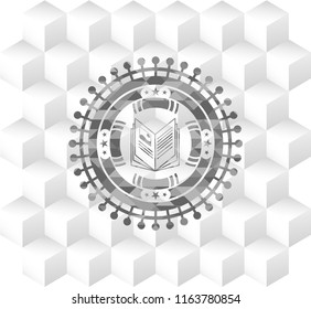 book icon inside grey icon or emblem with geometric cube white background