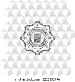book icon inside grey emblem with geometric cube white background