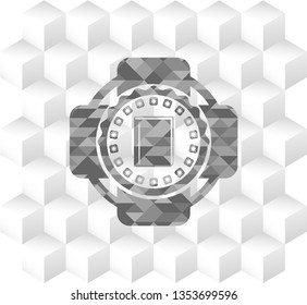 book icon inside grey emblem with cube white background