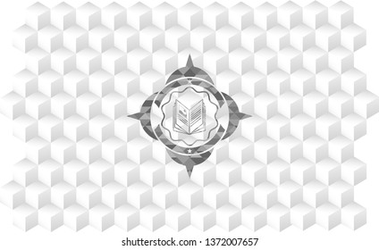book icon inside grey icon or emblem with geometric cube white background