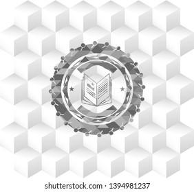 book icon inside grey emblem with cube white background