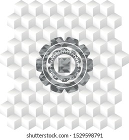 book icon inside grey icon or emblem with geometric cube white background