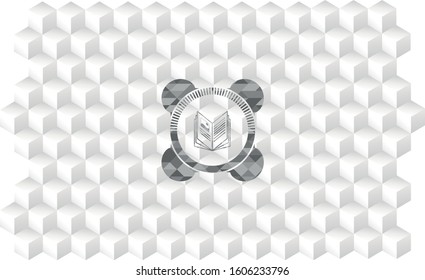 book icon inside grey emblem with geometric cube white background