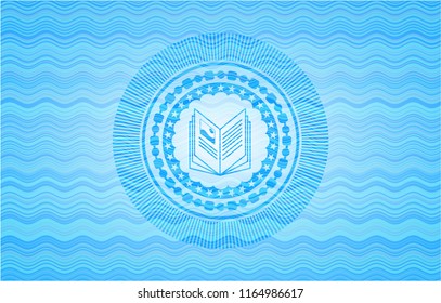 book icon inside light blue water wave badge background.